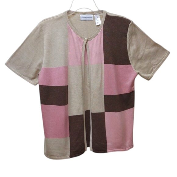 Alfred Dunner Sweaters - Alfred Dunner Women's St. Regis Tan Pink Brown Colorblock SS 2 Piece Cardigan